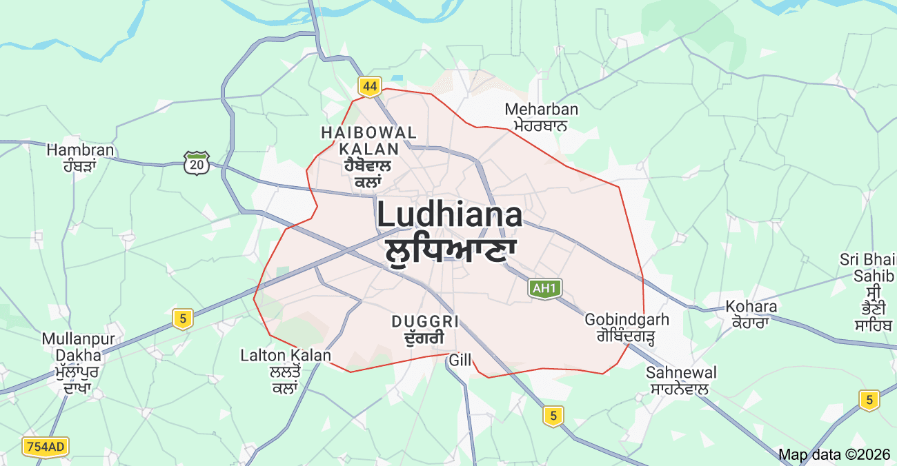 Map of Ludhiana, Punjab showing local neighbourhoods and service areas